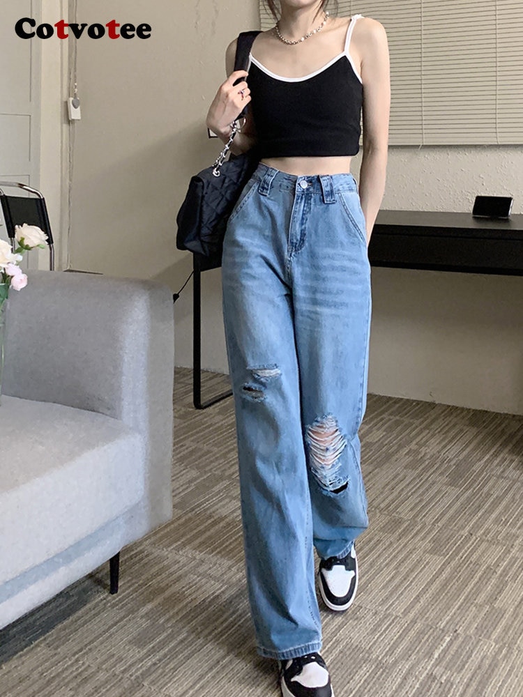 Cotvotee Ripped Jeans for Women 2022 Fashion High Waisted Jeans Vintage Streetwear Wide Leg Jeans Straight Full Leng